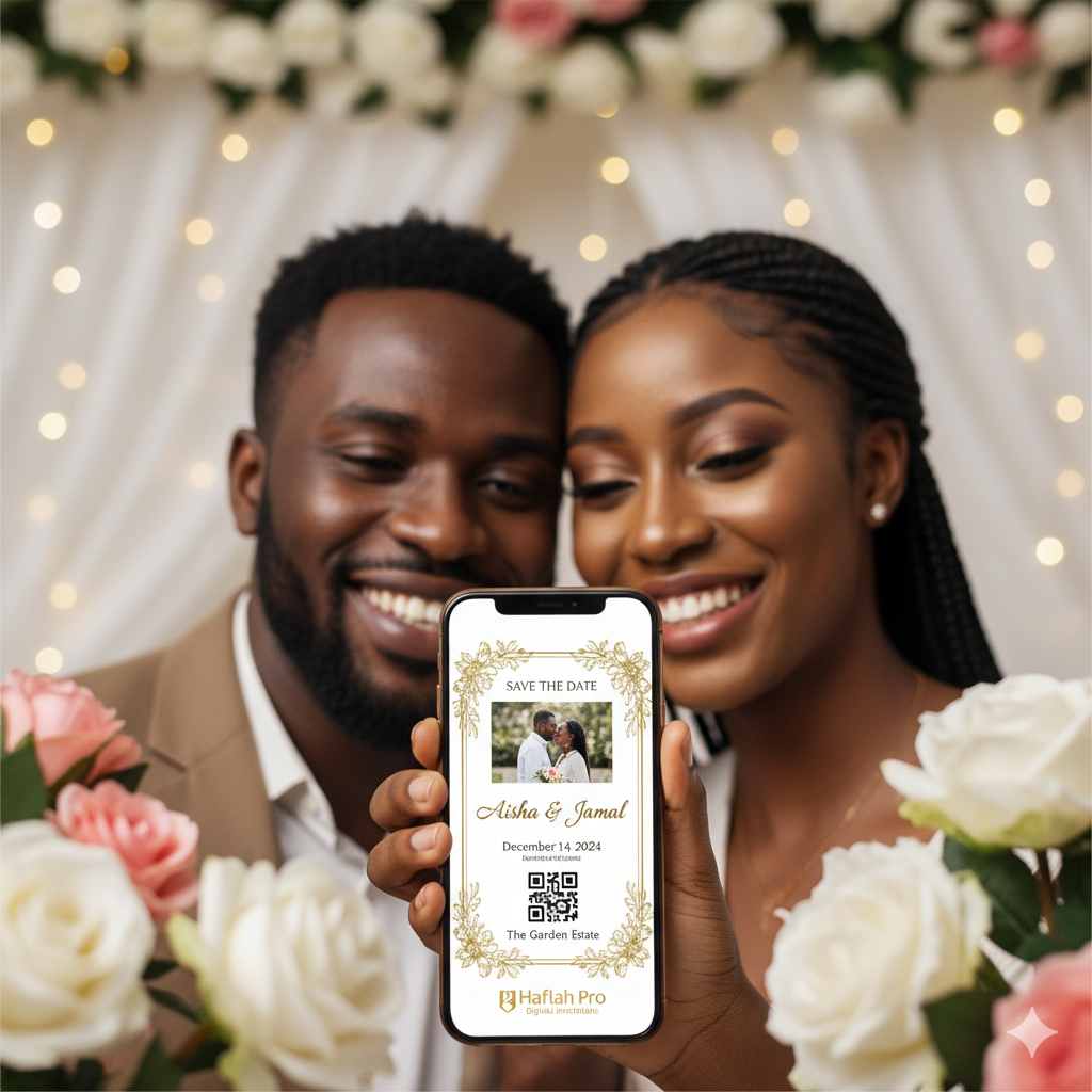 Couple holding a phone with a Haflah Pro wedding invitation and QR code