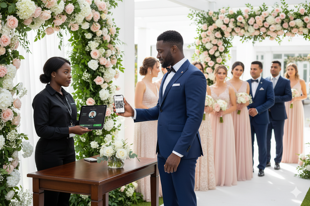 Guest scanning a QR code at an event entrance while a vendor checks a tablet