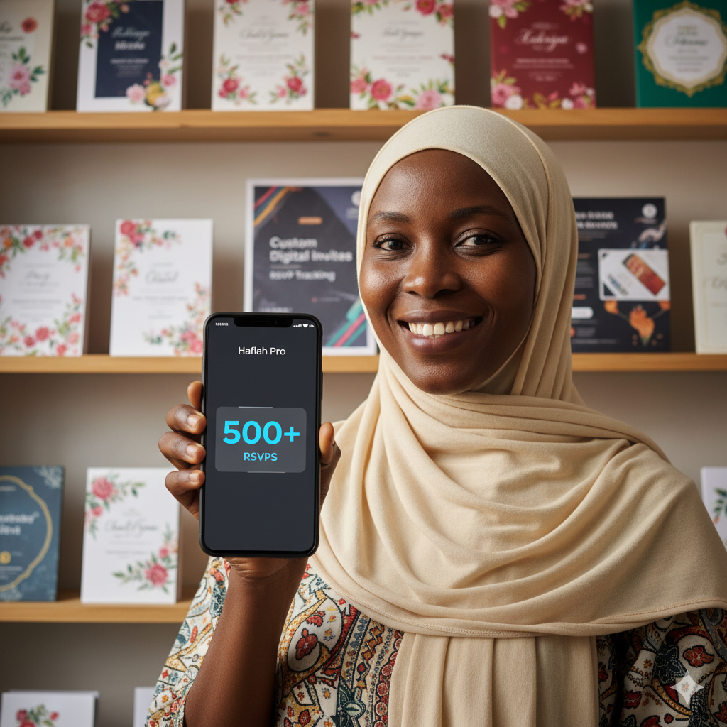 Vendor smiling while holding a phone displaying 500 plus RSVPs on screen